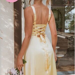 Show Me Your Mumu Clarissa Corset Dress in Pale Yellow Luxe Satin